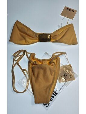 SAME Los Angeles Bikini Set M Cream Faux Suede Strapless Buckle High Cut NWT